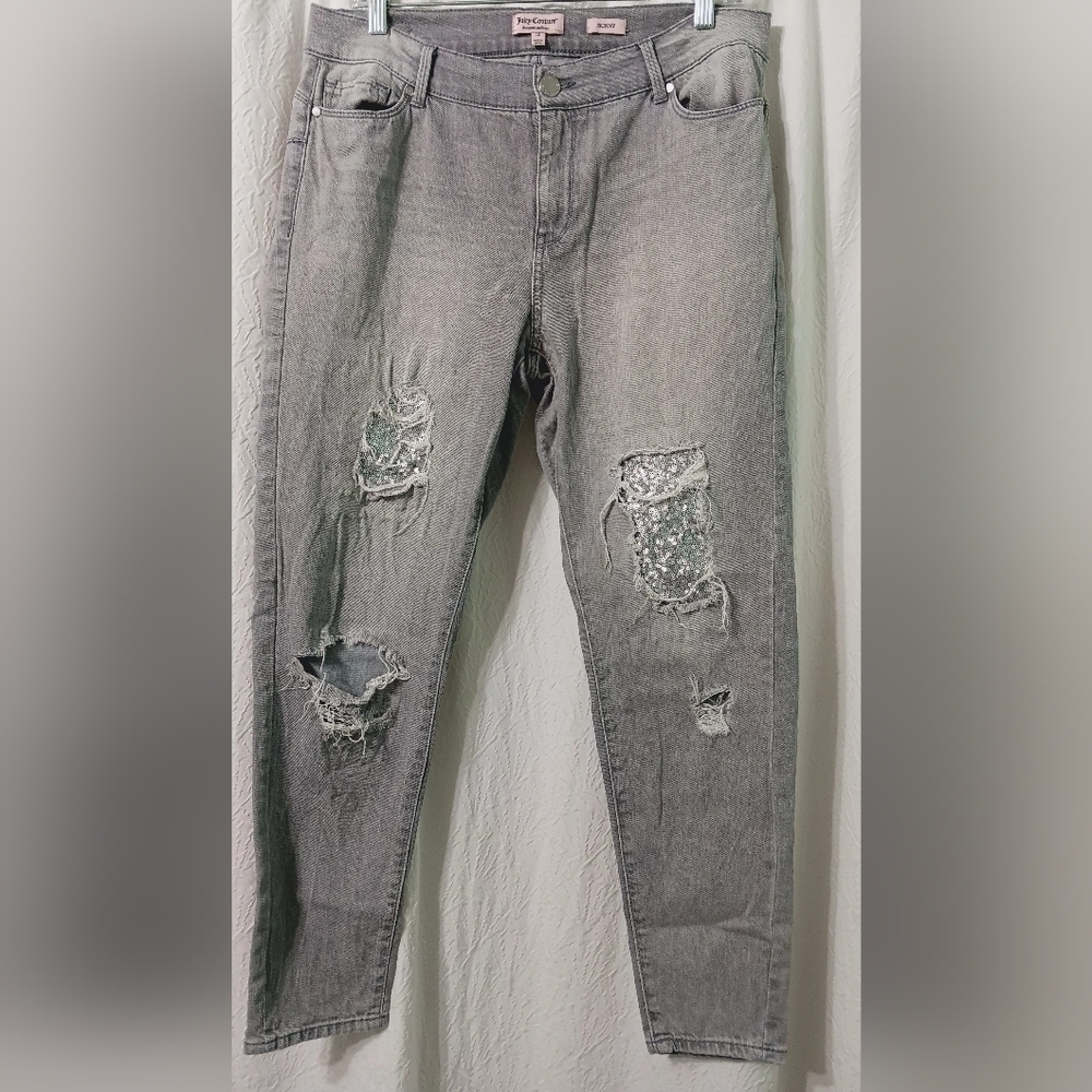 3 X$25 Juicy Couture Light Gray Denim Distressed Sequined Skinny Jeans size 12